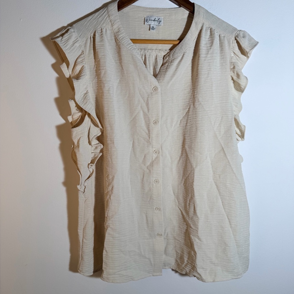 Wonderly Beige Ruffle Sleeve Button-Down Blouse